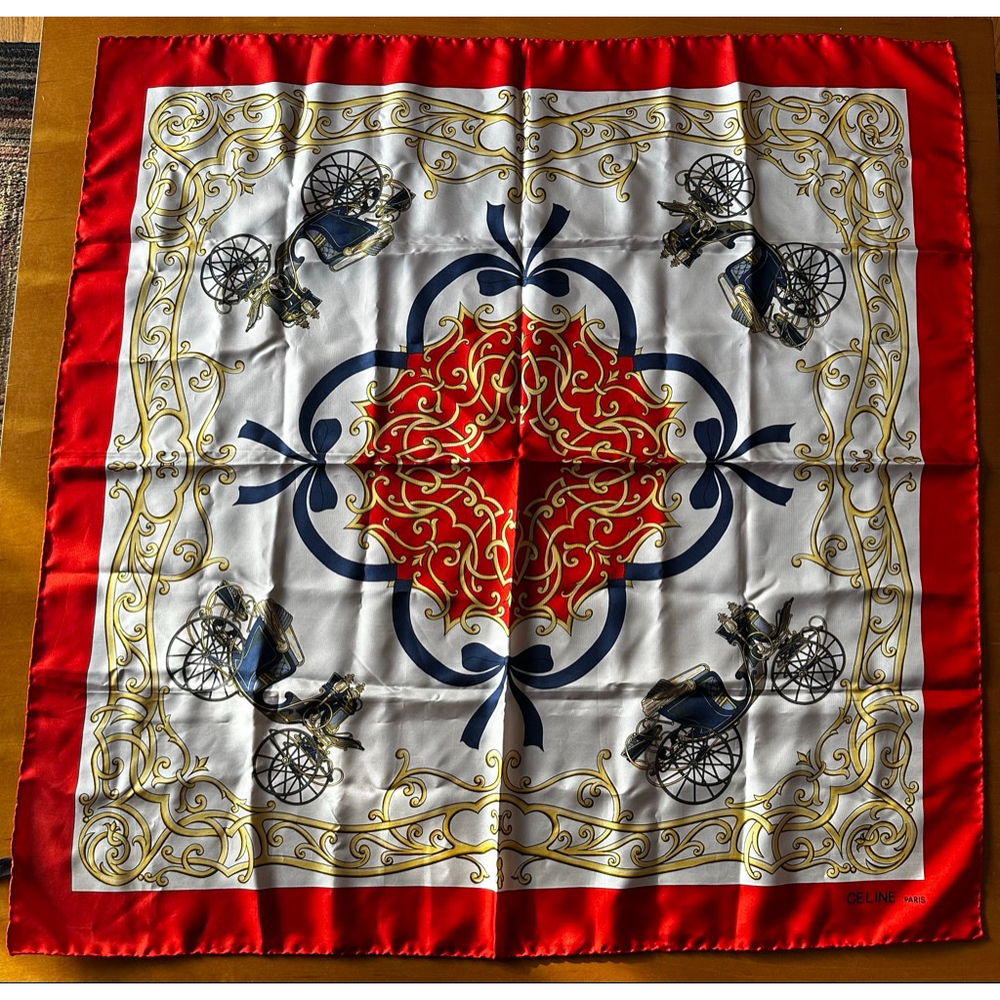 Celine White Red Carriage Print Silk Scarf